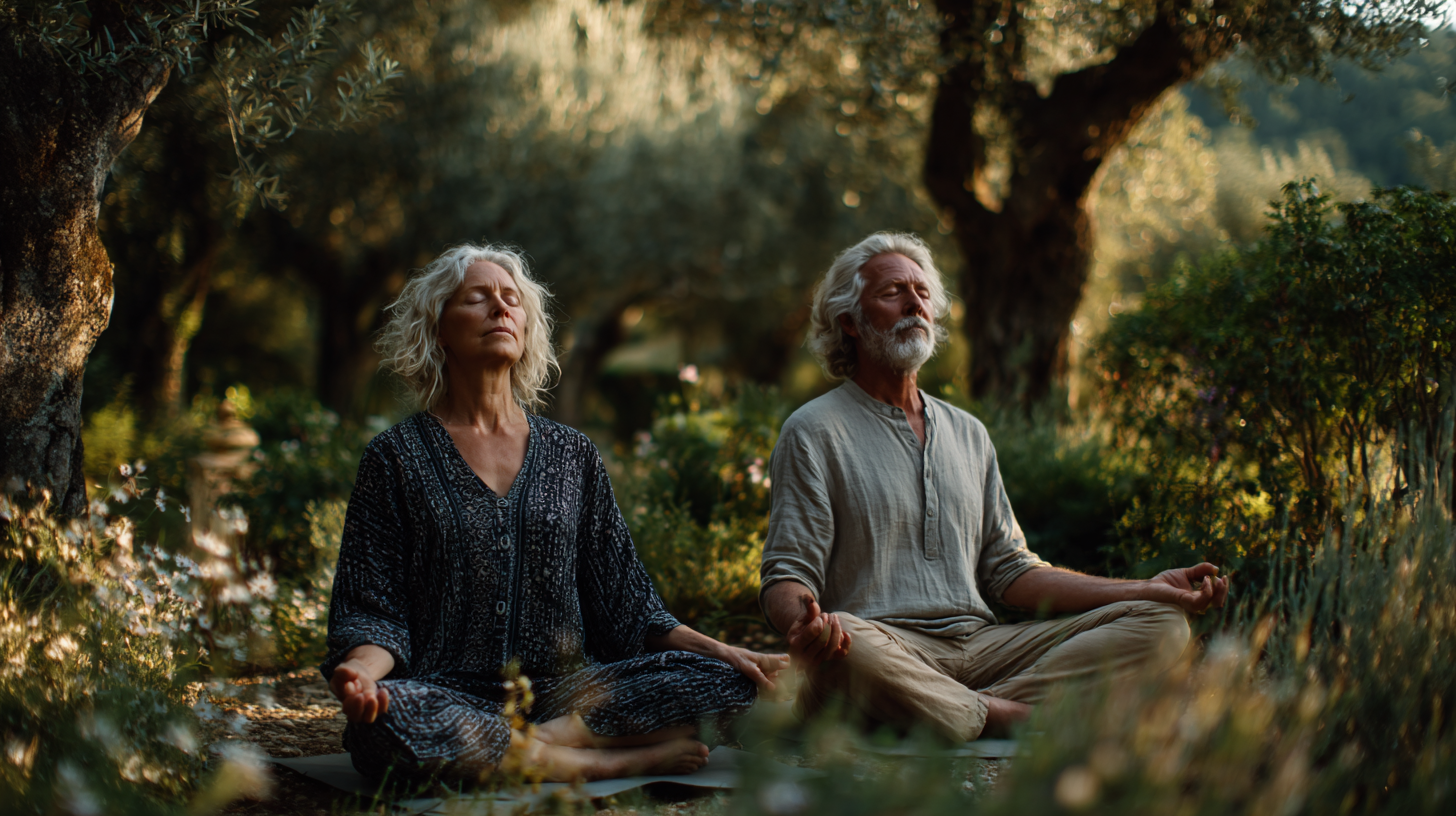 Senior practică yoga într-un mediu liniștit și armonios