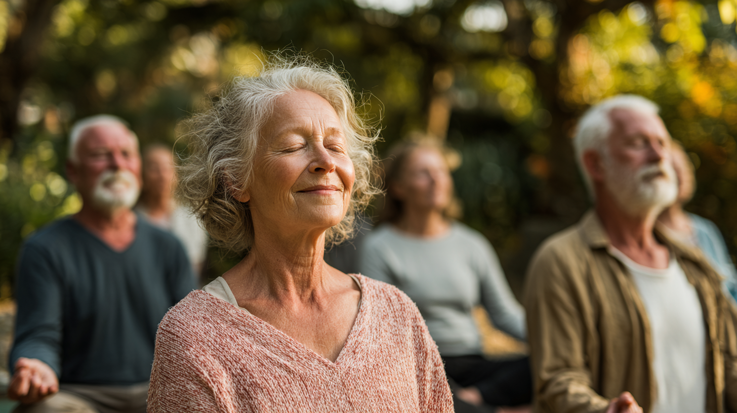 Grup de seniori practică yoga împreună în harmonie